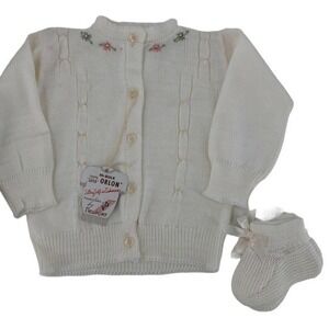 Vintage Baby Cardigan Sweater Booties Orlon Knit White Fashioned By newport 9-12